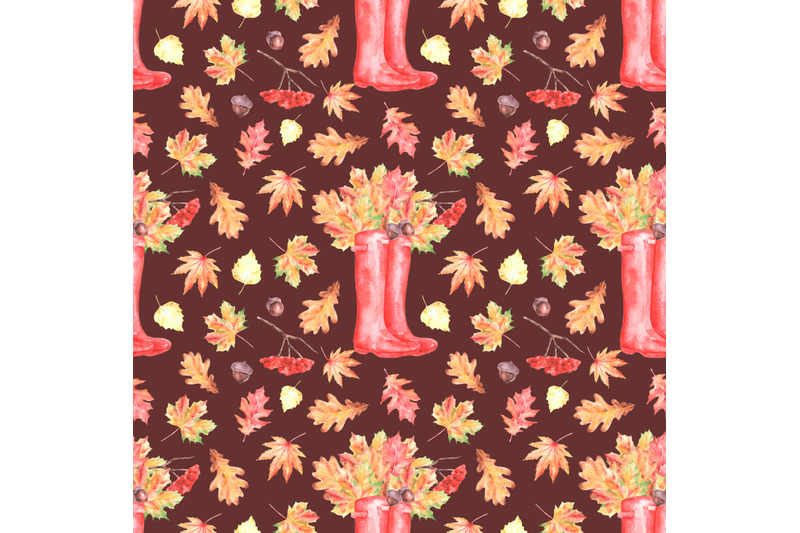 autumn-walk-watercolor-seamless-pattern-leaf-fall-red-rubber-boots