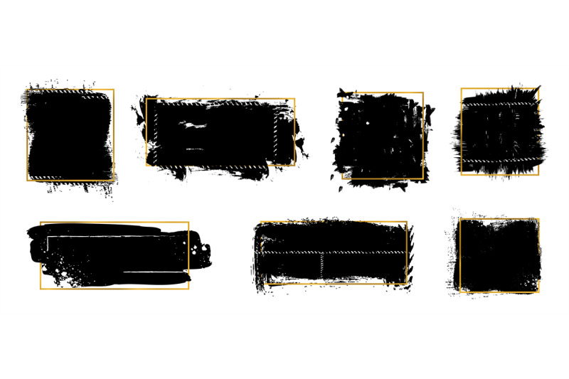 ink-brush-blots-golden-frames-black-grunge-textures-isolated-dirty