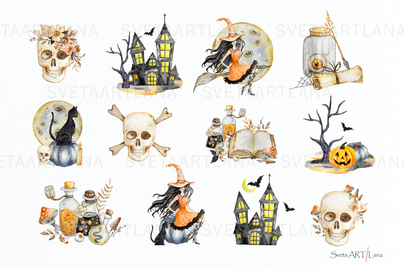 watercolor-halloween-wreaths-and-composition-clipart