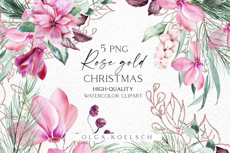 watercolor-pink-poinsettia-bouquet-clipart-rose-gold-winter-greenery