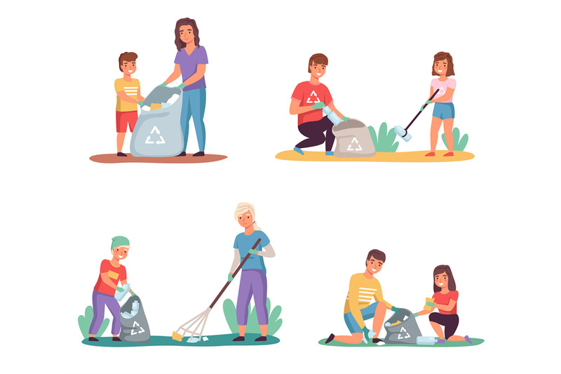 kids-with-parents-sort-garbage-clean-up-trash-outdoor-lay-out-color