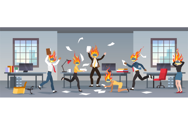 crisis-cartoon-office-workers-running-with-burning-brains-people-hea