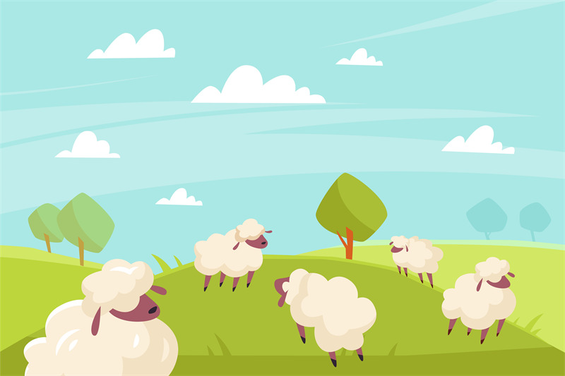 cute-sheeps-grazing-green-meadows-and-blue-sky-countryside-summer-su