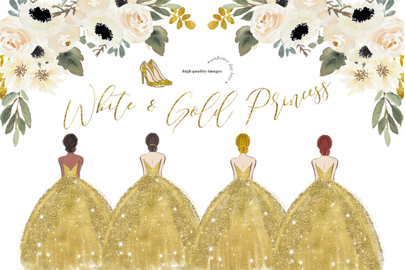 elegant-gold-princess-dresses-clipart-greenery-white-floral-clipart