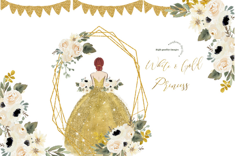 elegant-gold-princess-dresses-clipart-greenery-white-floral-clipart