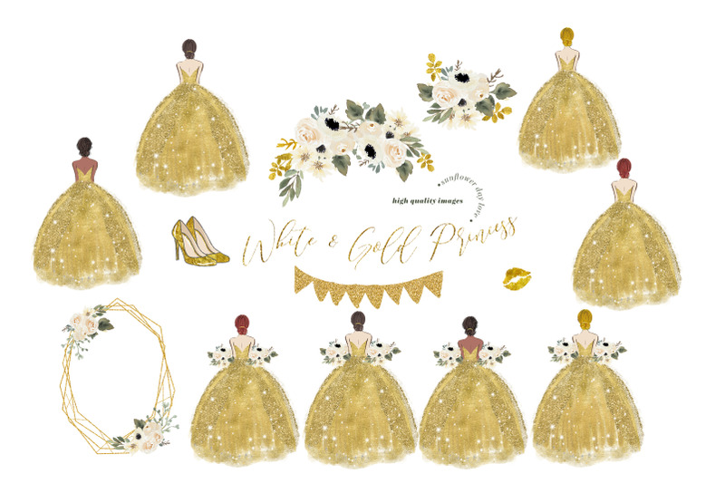 elegant-gold-princess-dresses-clipart-greenery-white-floral-clipart