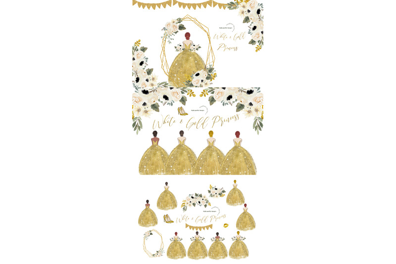 elegant-gold-princess-dresses-clipart-greenery-white-floral-clipart