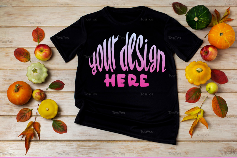 unisex-black-t-shirt-mockup-with-fall-decor