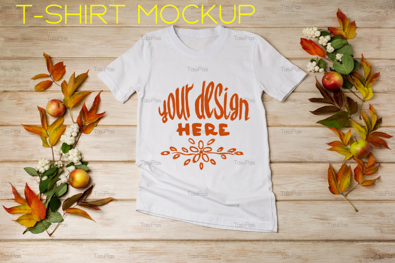 unisex-white-t-shirt-mockup-with-snowberry-and-fall-leaves