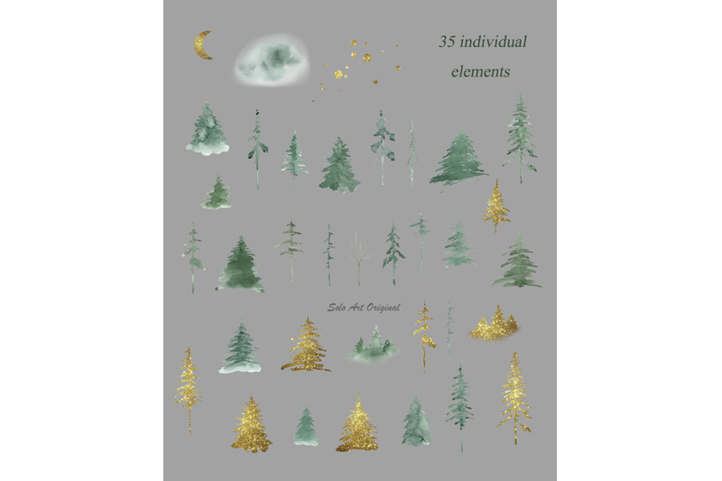 woodland-pine-trees-christmas-gold-green-forest-landscape