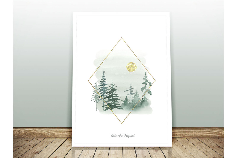 woodland-pine-trees-christmas-gold-green-forest-landscape