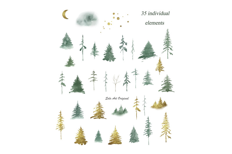 woodland-pine-trees-christmas-gold-green-forest-landscape