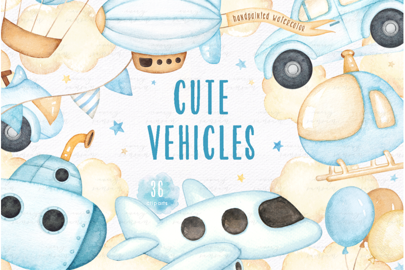 cute-vehicles-watercolor-clip-arts