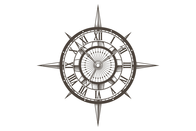 retro-emblem-of-round-compass-clock-drawn-on-white