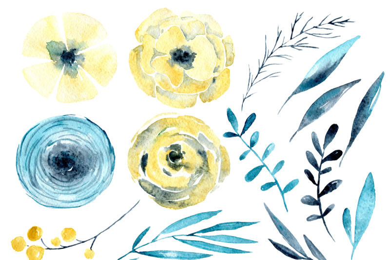 yellow-and-blue-watercor-flowers-png
