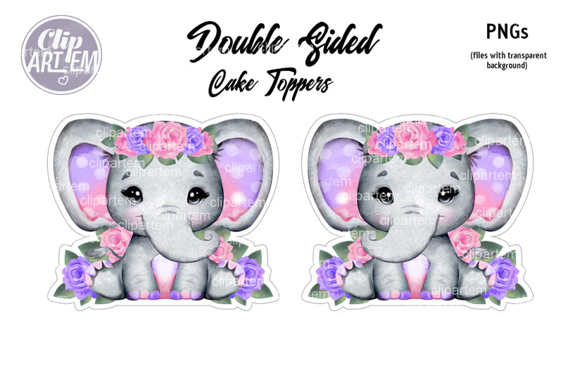 cute-pink-purple-baby-girl-elephant-double-sided-topper-watercolor-png