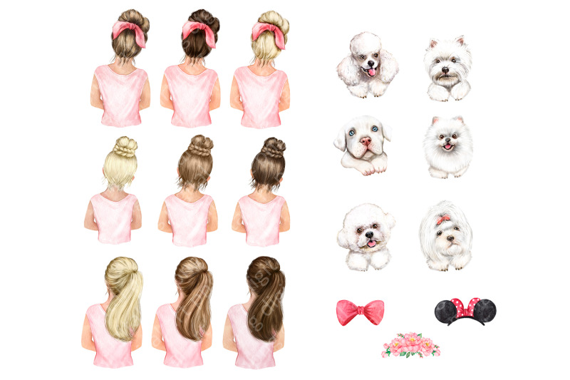 girls-with-puppies-watercolor-clipart-dogs-portrait-white-dogs-png