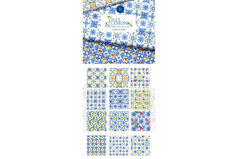blue-tiles-lemons-bougainvillea-watercolor-clipart