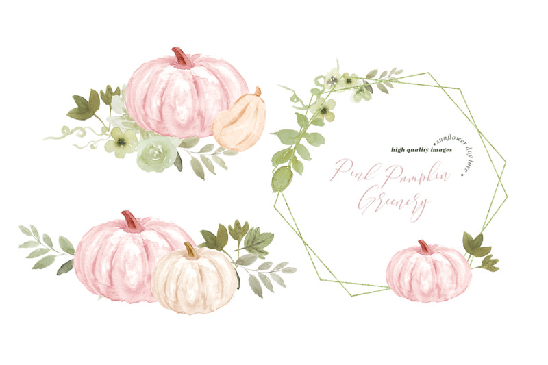 pink-pumpkin-floral-greenery-watercolor-clipart