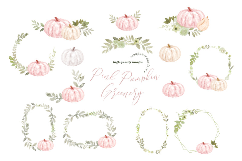 pink-pumpkin-floral-greenery-watercolor-clipart