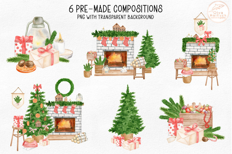 watercolor-christmas-clipart-fireplace-christmas-tree-png