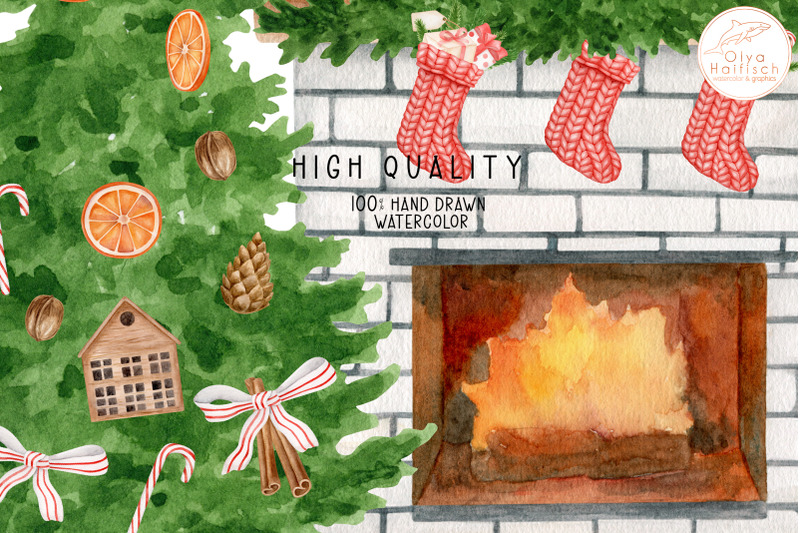 watercolor-christmas-clipart-fireplace-christmas-tree-png