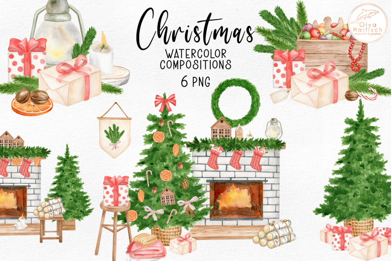 watercolor-christmas-clipart-fireplace-christmas-tree-png