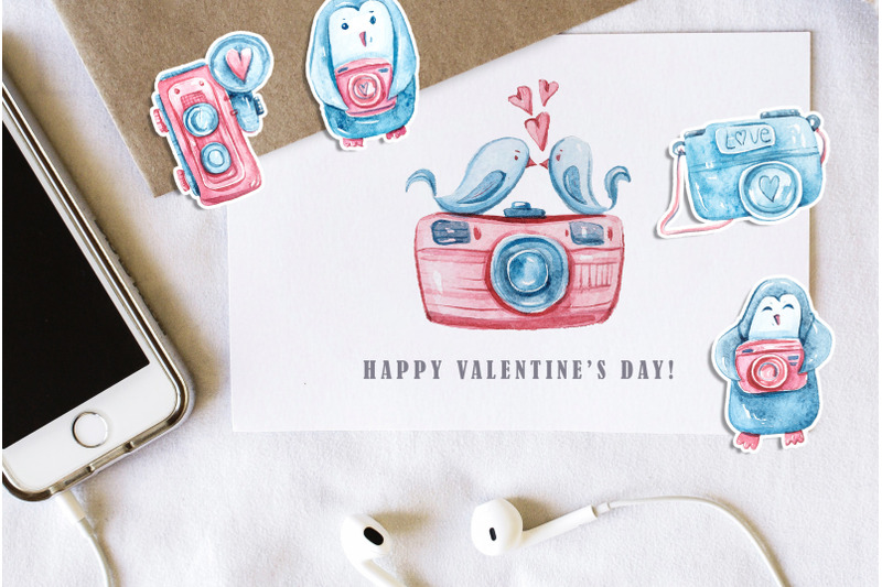 watercolor-valentines-day-clipart-penguins-cameras-pictures