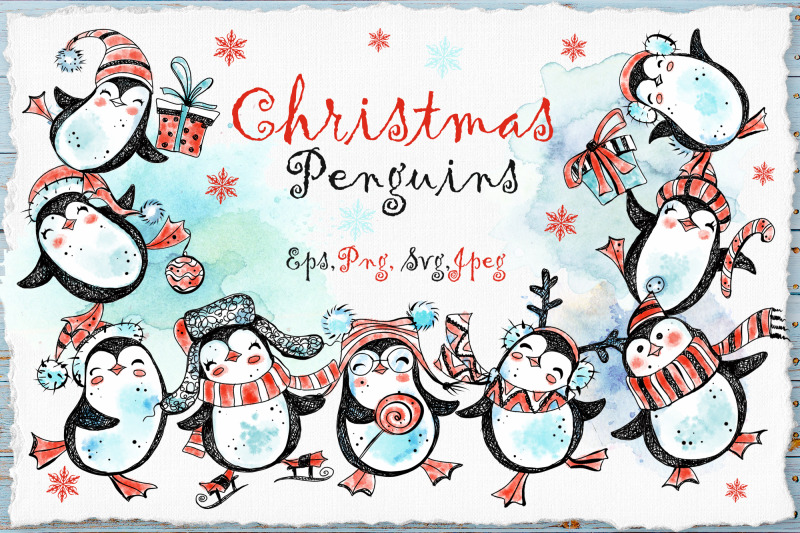 cute-christmas-penguins-watercolor-digital-clipart-png-svg