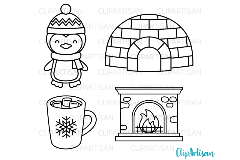 winter-digital-stamp-igloo-snowman-christmas-clipart
