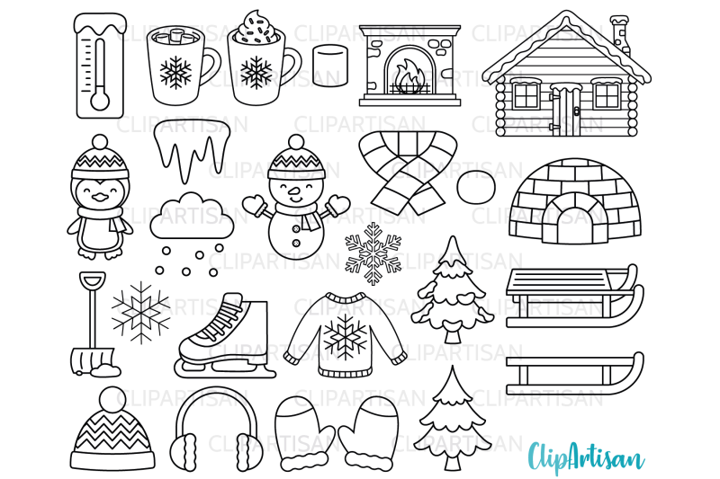 winter-digital-stamp-igloo-snowman-christmas-clipart