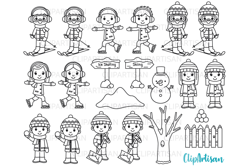 winter-kids-digital-stamp-ice-skating-clipart-skiing