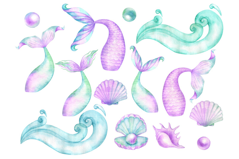 watercolor-mermaid-tails-clipart-shells-waves-clip-art-children-039-s-girl