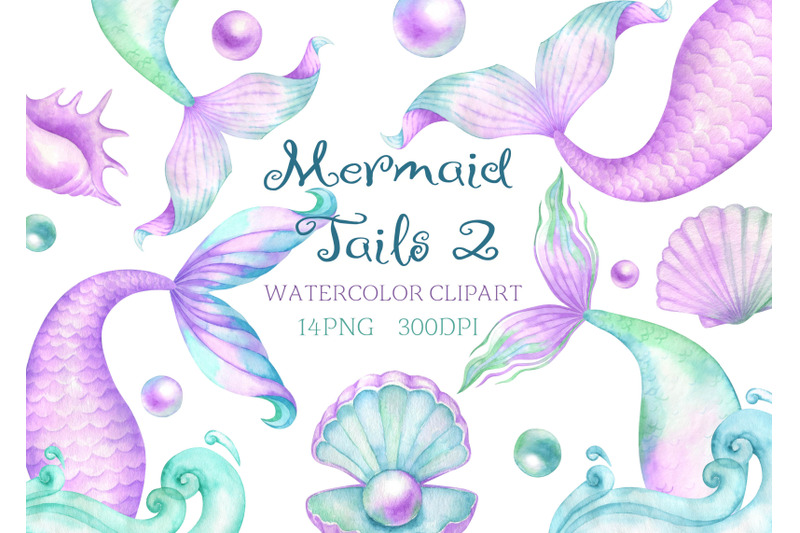 watercolor-mermaid-tails-clipart-shells-waves-clip-art-children-039-s-girl