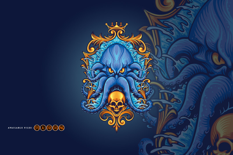 blue-kraken-with-gold-frame-skull-illustrations