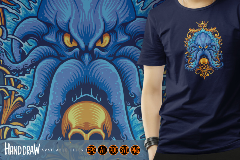 blue-kraken-with-gold-frame-skull-illustrations