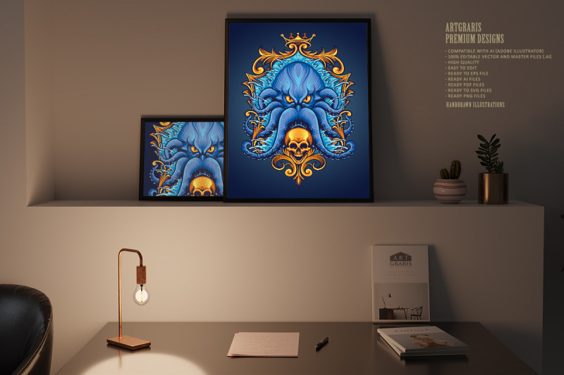 blue-kraken-with-gold-frame-skull-illustrations