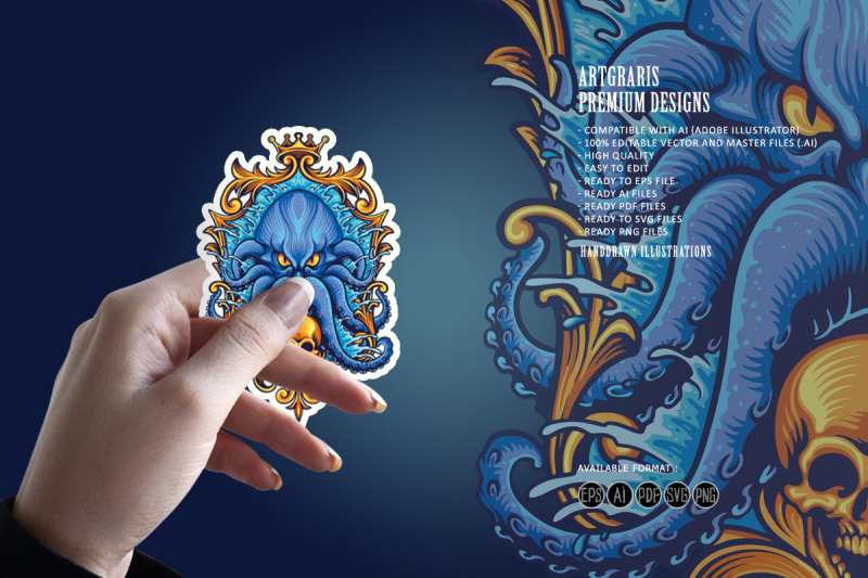 blue-kraken-with-gold-frame-skull-illustrations