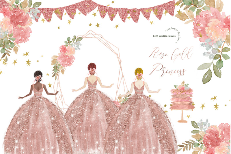 modern-rose-gold-princess-dresses-clipart-pink-flowers-clipart