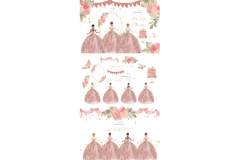 modern-rose-gold-princess-dresses-clipart-pink-flowers-clipart