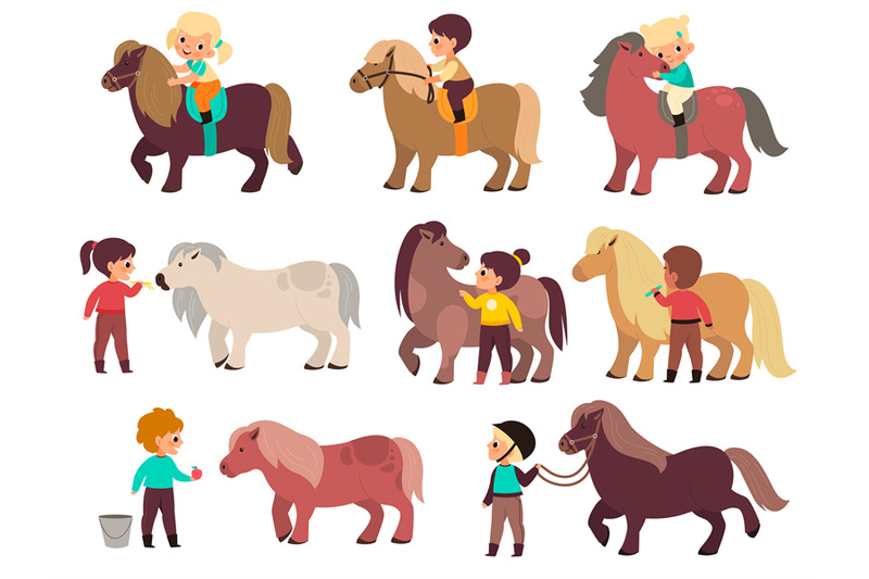 kids-horses-cute-children-and-little-ponies-characters-boys-and-girl