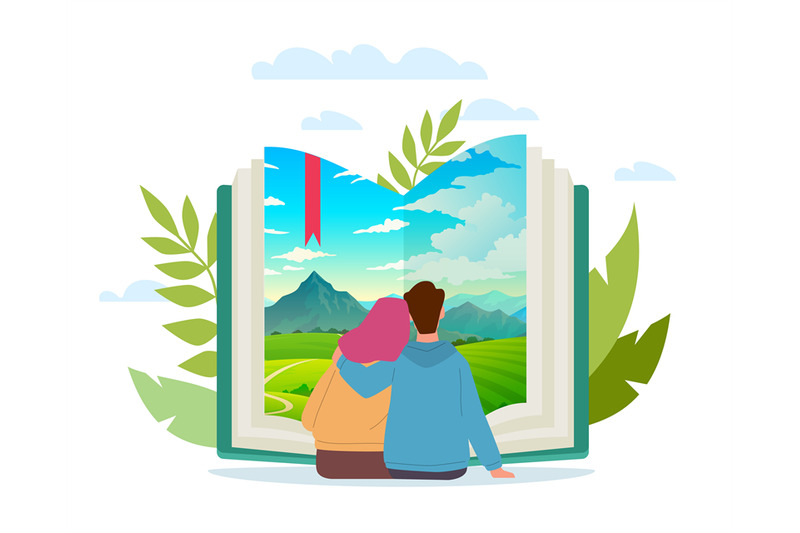 joint-book-trip-cartoon-couple-reading-together-scenic-landscape-at