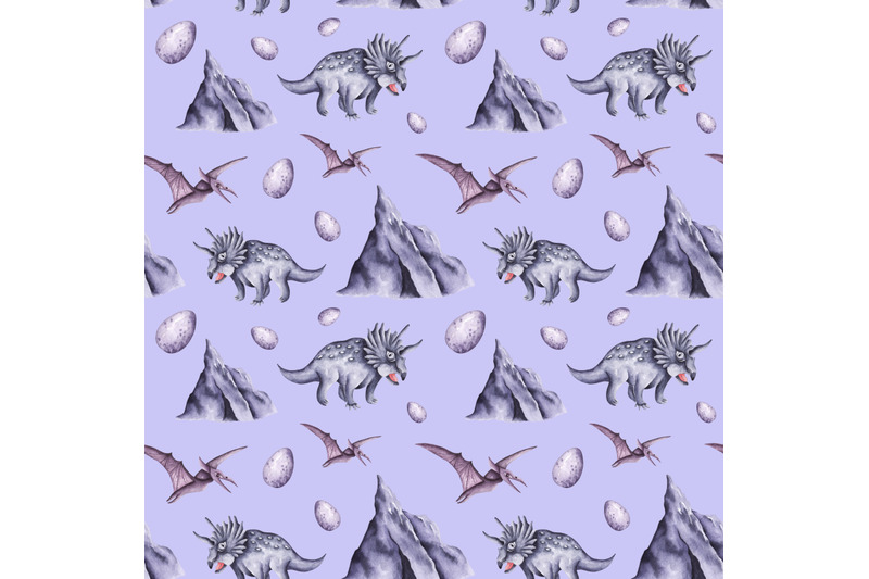 dinosaur-watercolor-seamless-pattern-pterodactyl-triceratops-dino