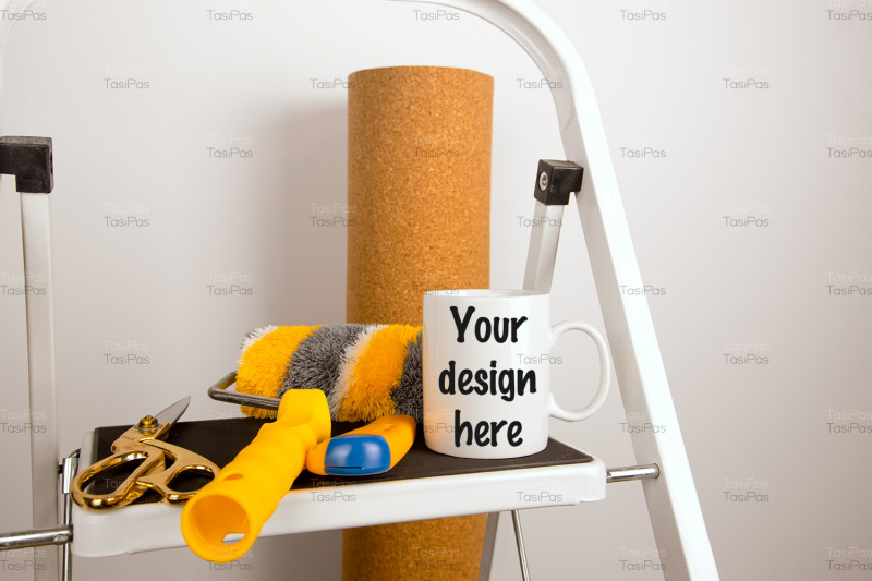 white-coffee-mug-mockup-with-home-repair-stepladder