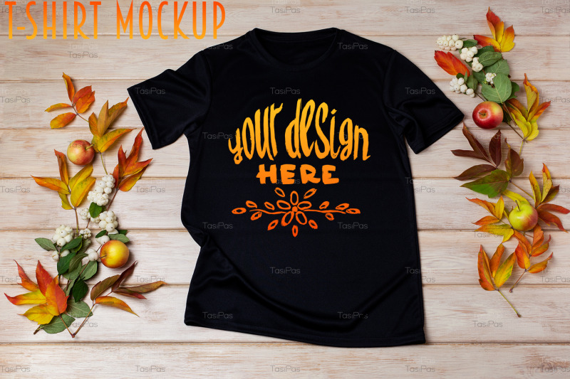 unisex-black-t-shirt-mockup-with-snowberry-and-fall-leaves