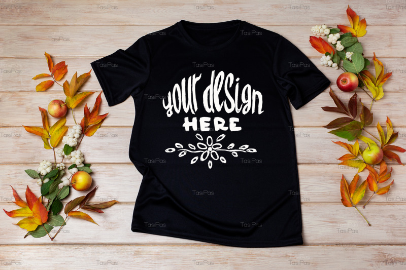 unisex-black-t-shirt-mockup-with-snowberry-and-fall-leaves