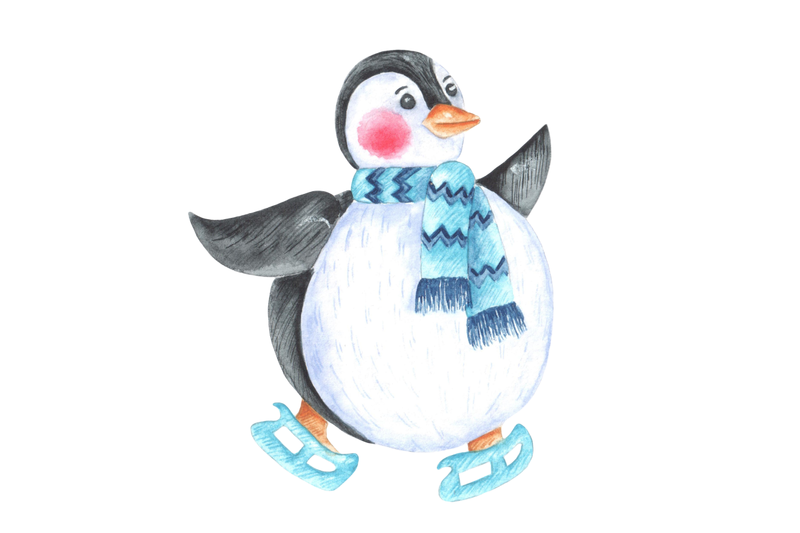 penguin-skates-watercolor-illustration-christmas-winter-new-year