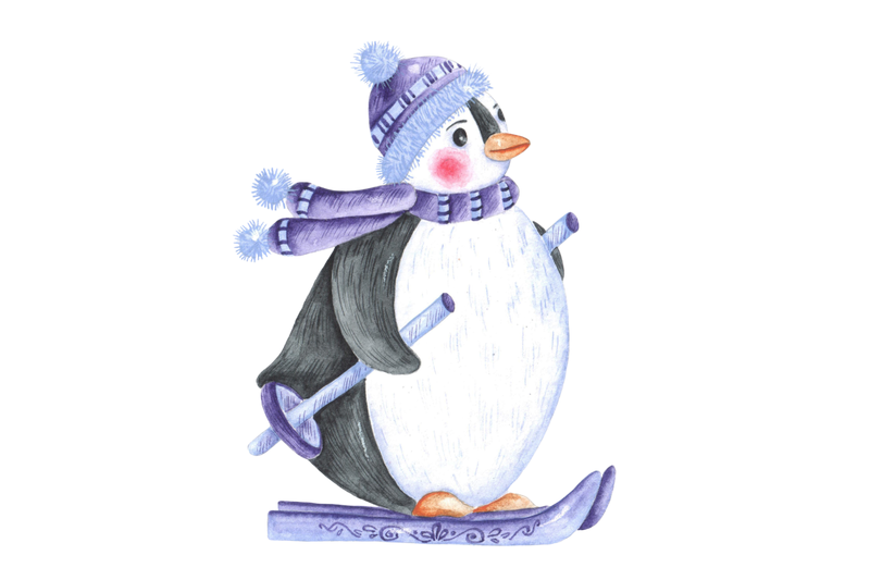 penguin-skiing-watercolor-illustration-christmas-winter-new-year