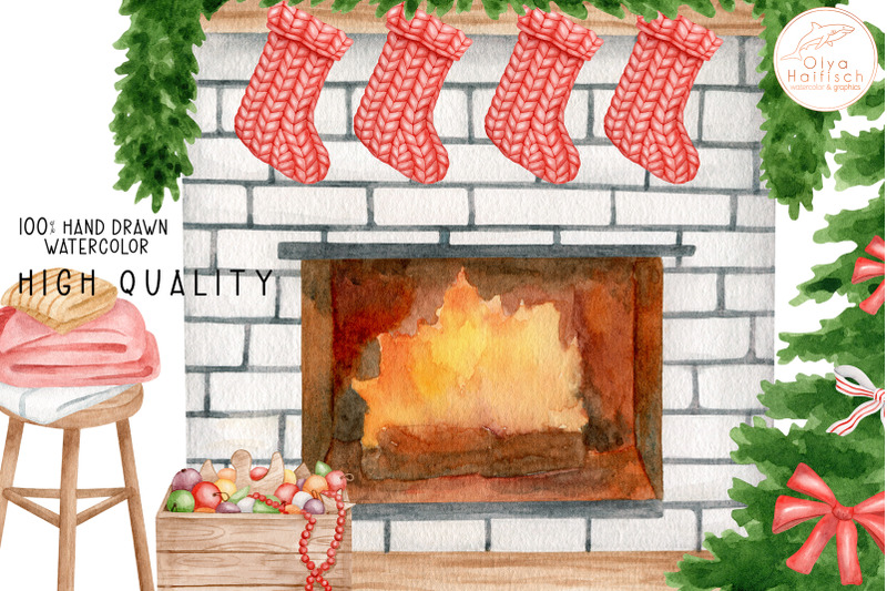 christmas-clipart-watercolor-fireplace-christmas-tree-png