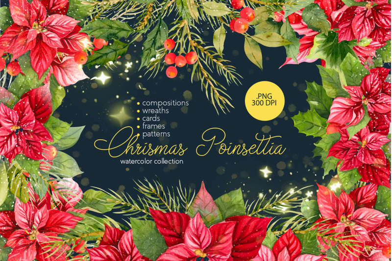 christmas-poinsettia-and-mistletoe-floral-watercolor-clipart